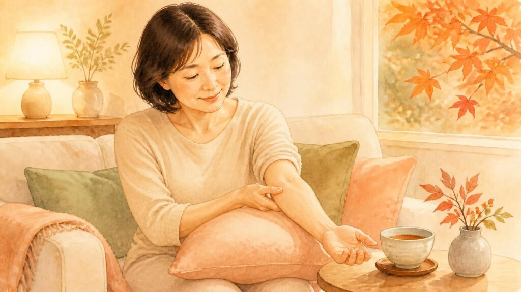 ひじの尺沢とひざ下の足三里のツボを押している女性のイラスト