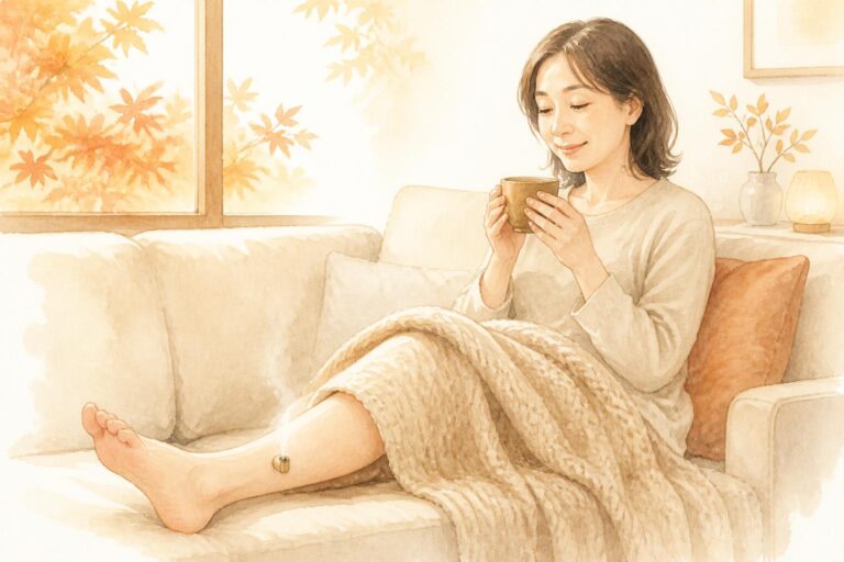 足首にお灸をして、ひざ掛けをかけてくつろぐ女性のイラスト